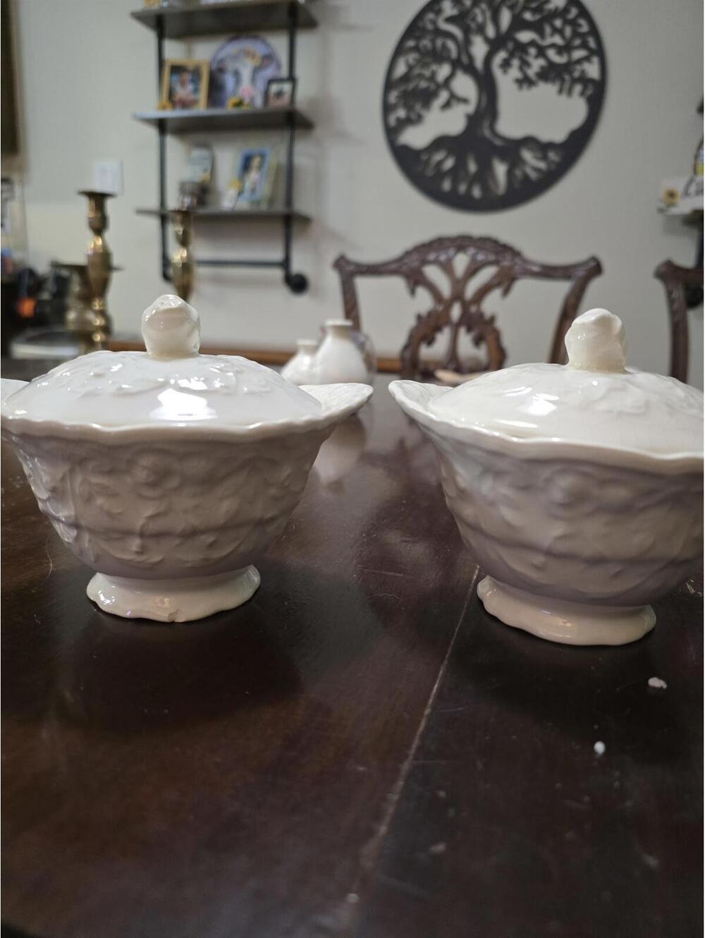 Vintage Pope Gosser Rose Point China Covered Cream and Sugar Bowl Set